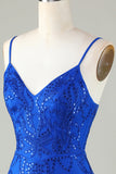 Lentejuelas Azul Real Correas de Espagueti Vestido Corto