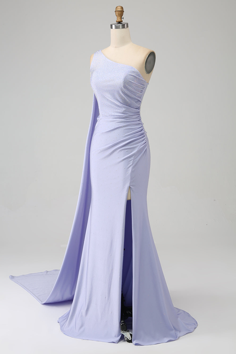 Vestido de fiesta largo de un hombro de sirena lila con abertura