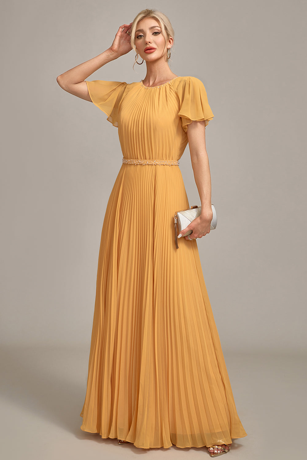 Vestido de novia plisado azul marino de cuello redondo con manga corta
