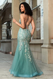 Impresionante vestido de fiesta de corsé verde claro con correas de espagueti de sirena con apliques