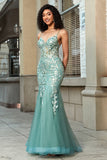 Impresionante vestido de fiesta de corsé verde claro con correas de espagueti de sirena con apliques