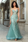 Impresionante vestido de fiesta de corsé verde claro con correas de espagueti de sirena con apliques