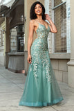 Impresionante vestido de fiesta de corsé verde claro con correas de espagueti de sirena con apliques