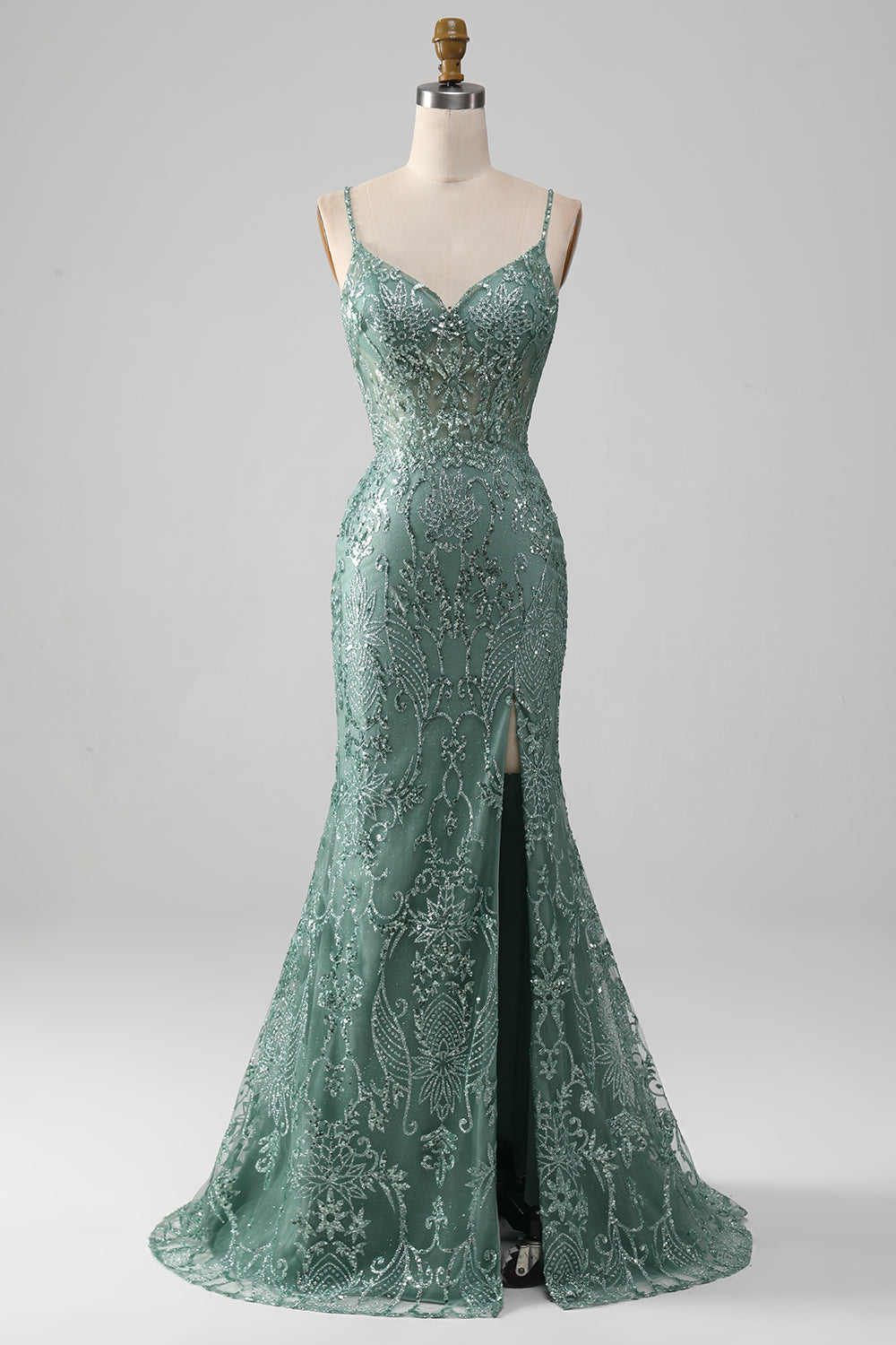 Spaghetti Staps Vestido de fiesta verde gris brillante con abalorios