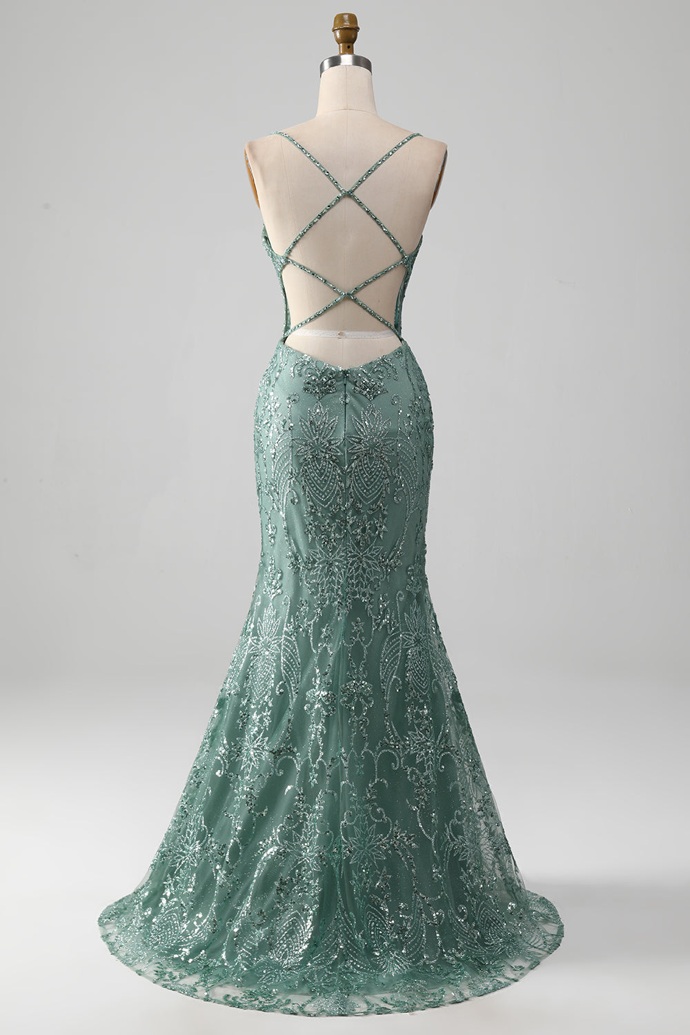 Spaghetti Staps Vestido de fiesta verde gris brillante con abalorios