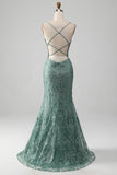 Spaghetti Staps Vestido de fiesta verde gris brillante con abalorios