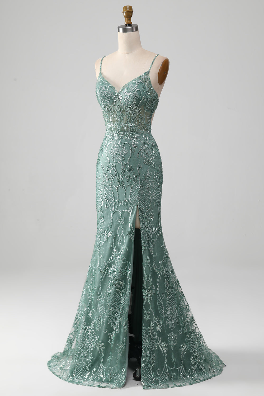 Spaghetti Staps Vestido de fiesta verde gris brillante con abalorios