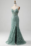 Spaghetti Staps Vestido de fiesta verde gris brillante con abalorios