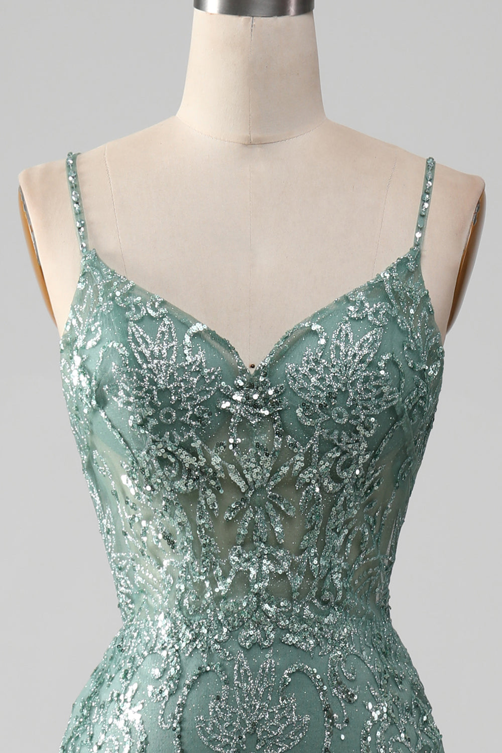 Spaghetti Staps Vestido de fiesta verde gris brillante con abalorios
