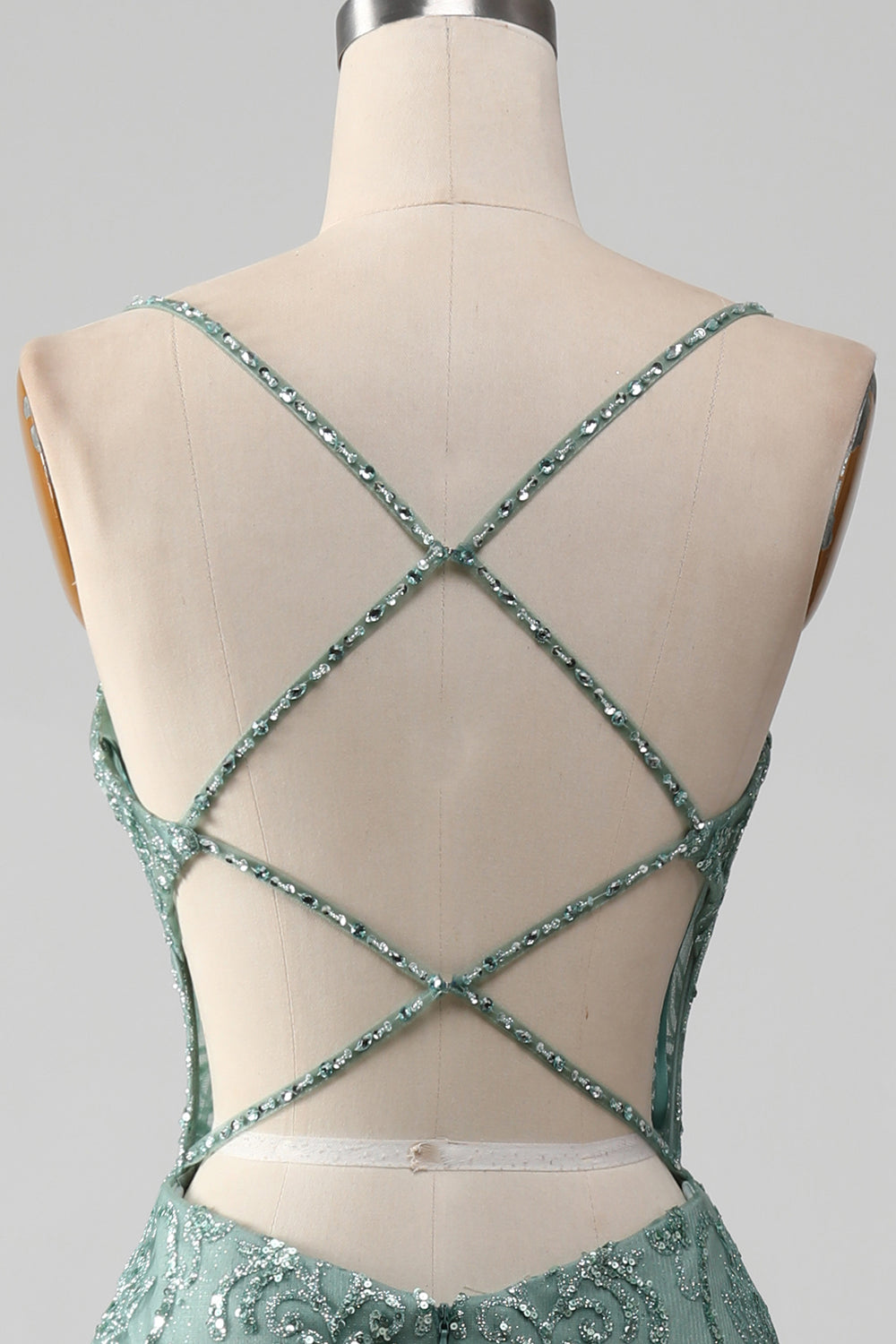 Spaghetti Staps Vestido de fiesta verde gris brillante con abalorios