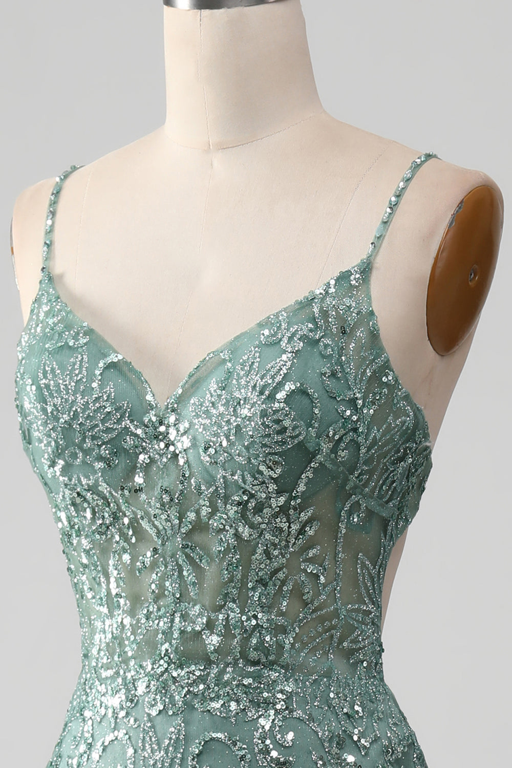 Spaghetti Staps Vestido de fiesta verde gris brillante con abalorios