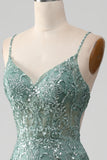 Spaghetti Staps Vestido de fiesta verde gris brillante con abalorios