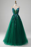Vestido de fiesta de tirantes finos de tul verde oscuro con lentejuelas