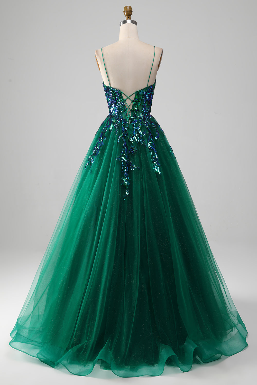 Vestido de fiesta de tirantes finos de tul verde oscuro con lentejuelas