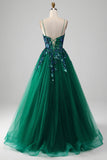 Vestido de fiesta de tirantes finos de tul verde oscuro con lentejuelas