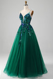 Vestido de fiesta de tirantes finos de tul verde oscuro con lentejuelas