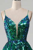 Vestido de fiesta de tirantes finos de tul verde oscuro con lentejuelas