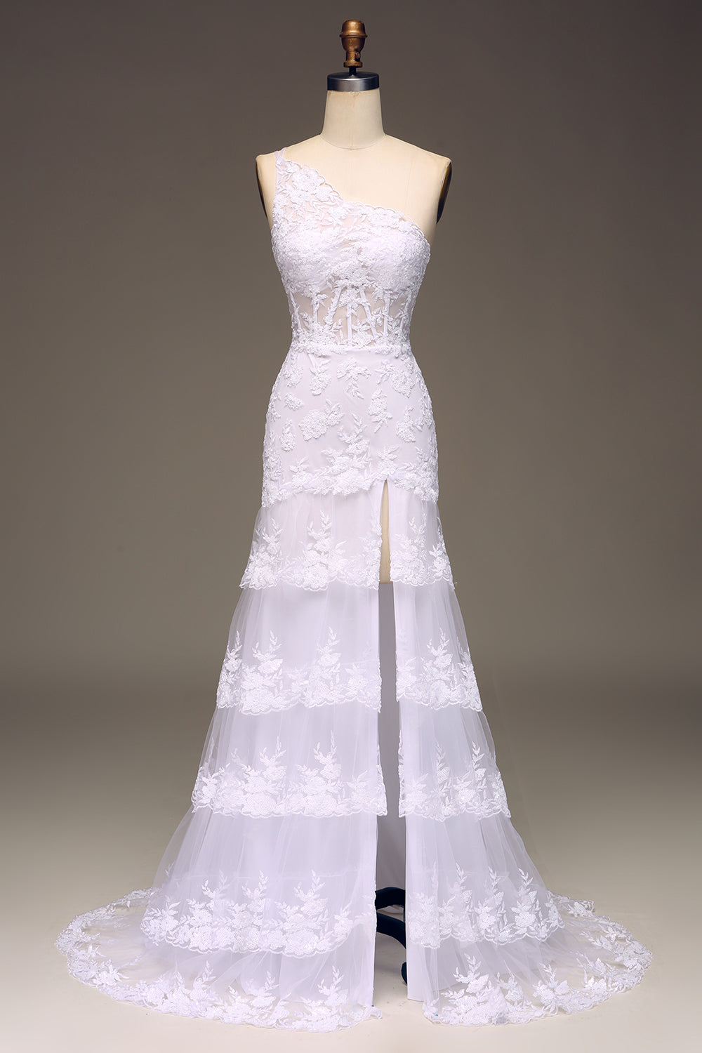 Vestido de fiesta largo de un hombro de encaje escalonado azul marino brillante con abertura