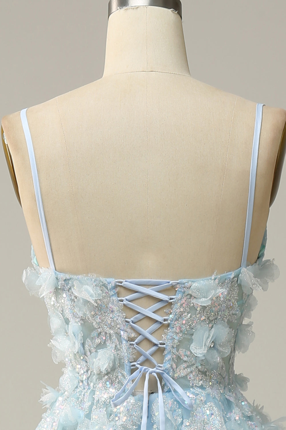 A Línea Correas de Espagueti Azul Cielo Vestido de Graduación Con Apliques