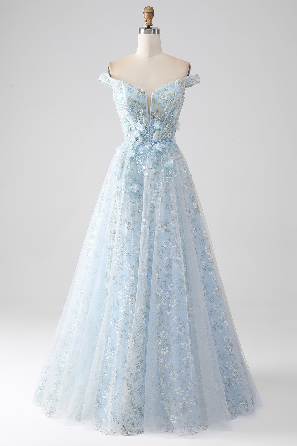 Vestido de fiesta largo con corsé largo con hombros cruzados en línea azul claro