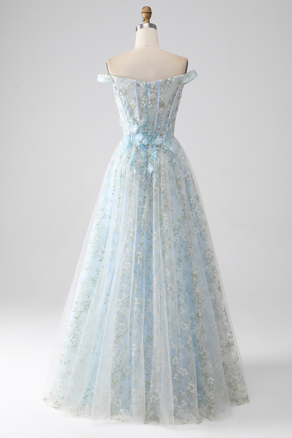 Vestido de fiesta largo con corsé largo con hombros cruzados en línea azul claro
