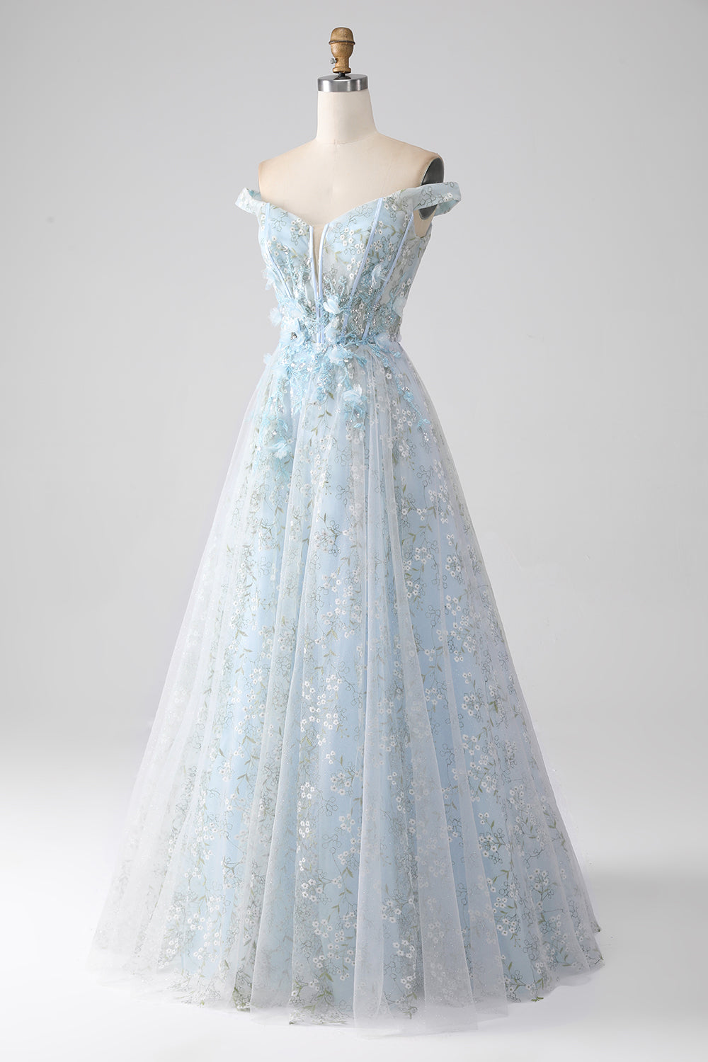 Vestido de fiesta largo con corsé largo con hombros cruzados en línea azul claro