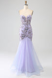 Vestido de fiesta de corsé lavanda sin tirantes de sirena con abalorios
