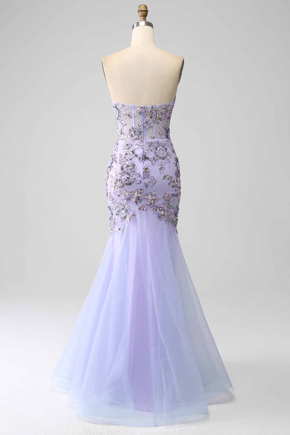Vestido de fiesta de corsé lavanda sin tirantes de sirena con abalorios