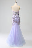 Vestido de fiesta de corsé lavanda sin tirantes de sirena con abalorios