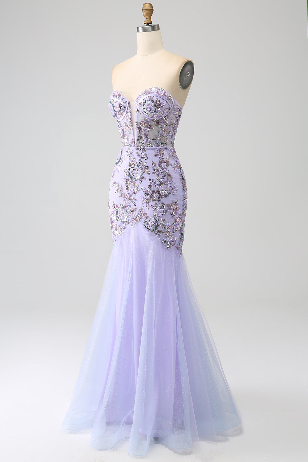 Vestido de fiesta de corsé lavanda sin tirantes de sirena con abalorios