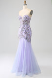 Vestido de fiesta de corsé lavanda sin tirantes de sirena con abalorios