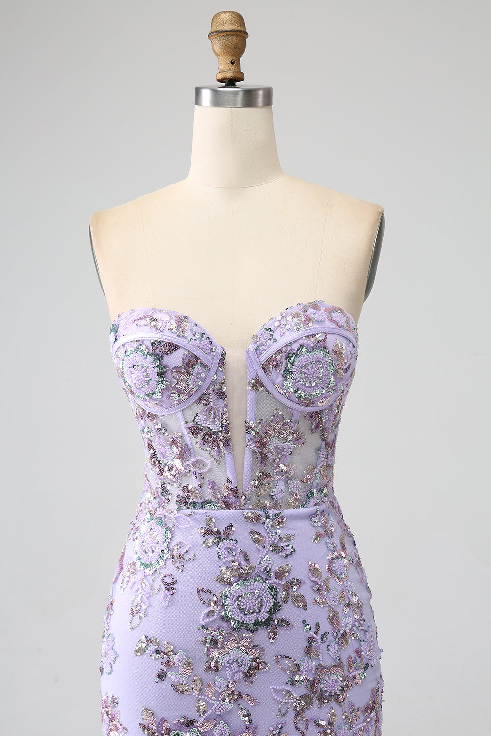 Vestido de fiesta de corsé lavanda sin tirantes de sirena con abalorios