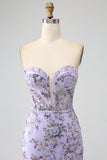 Vestido de fiesta de corsé lavanda sin tirantes de sirena con abalorios