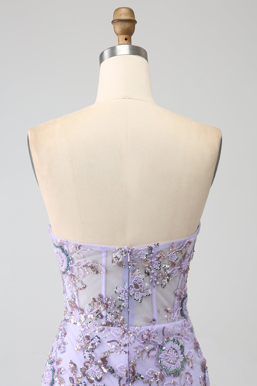 Vestido de fiesta de corsé lavanda sin tirantes de sirena con abalorios