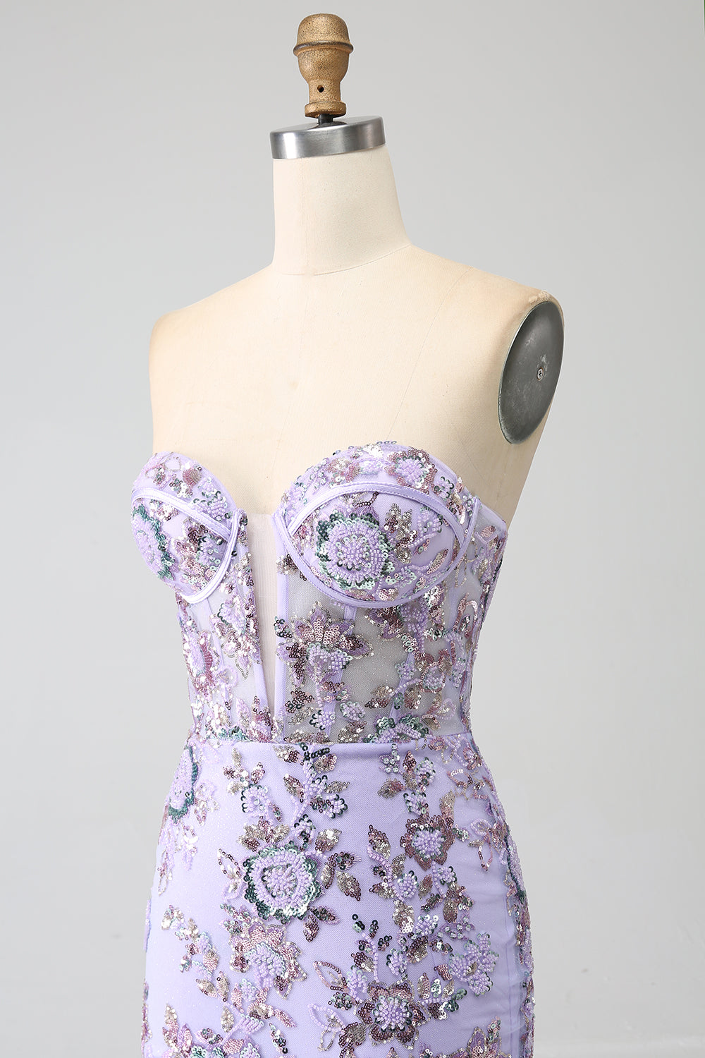 Vestido de fiesta de corsé lavanda sin tirantes de sirena con abalorios