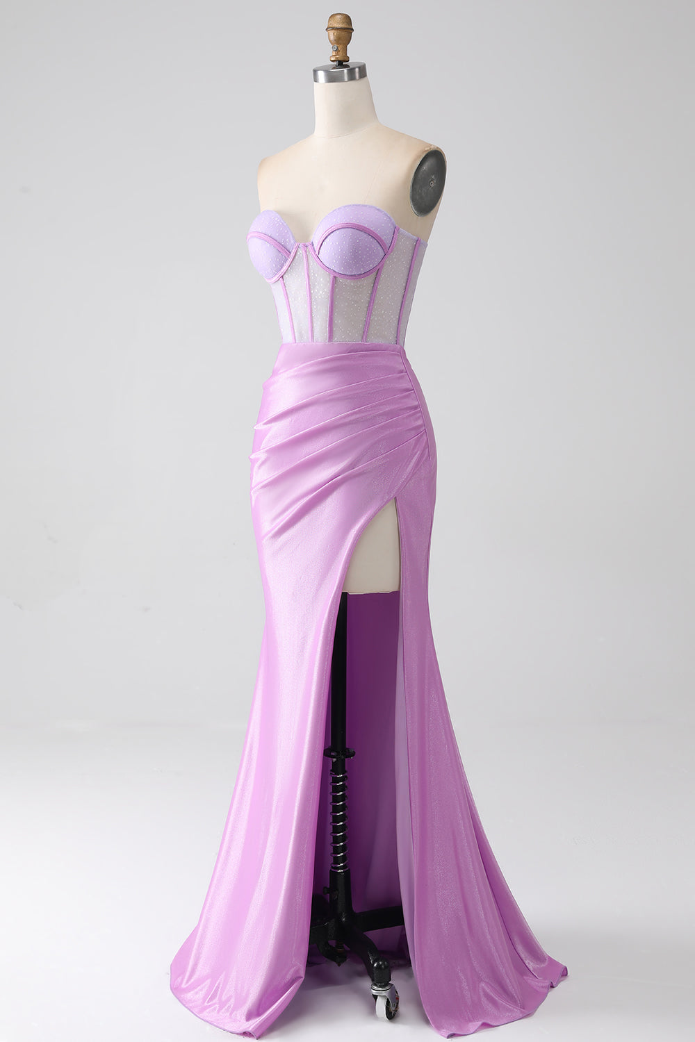 Vestido de fiesta sin tirantes con corsé de sirena lila con abertura