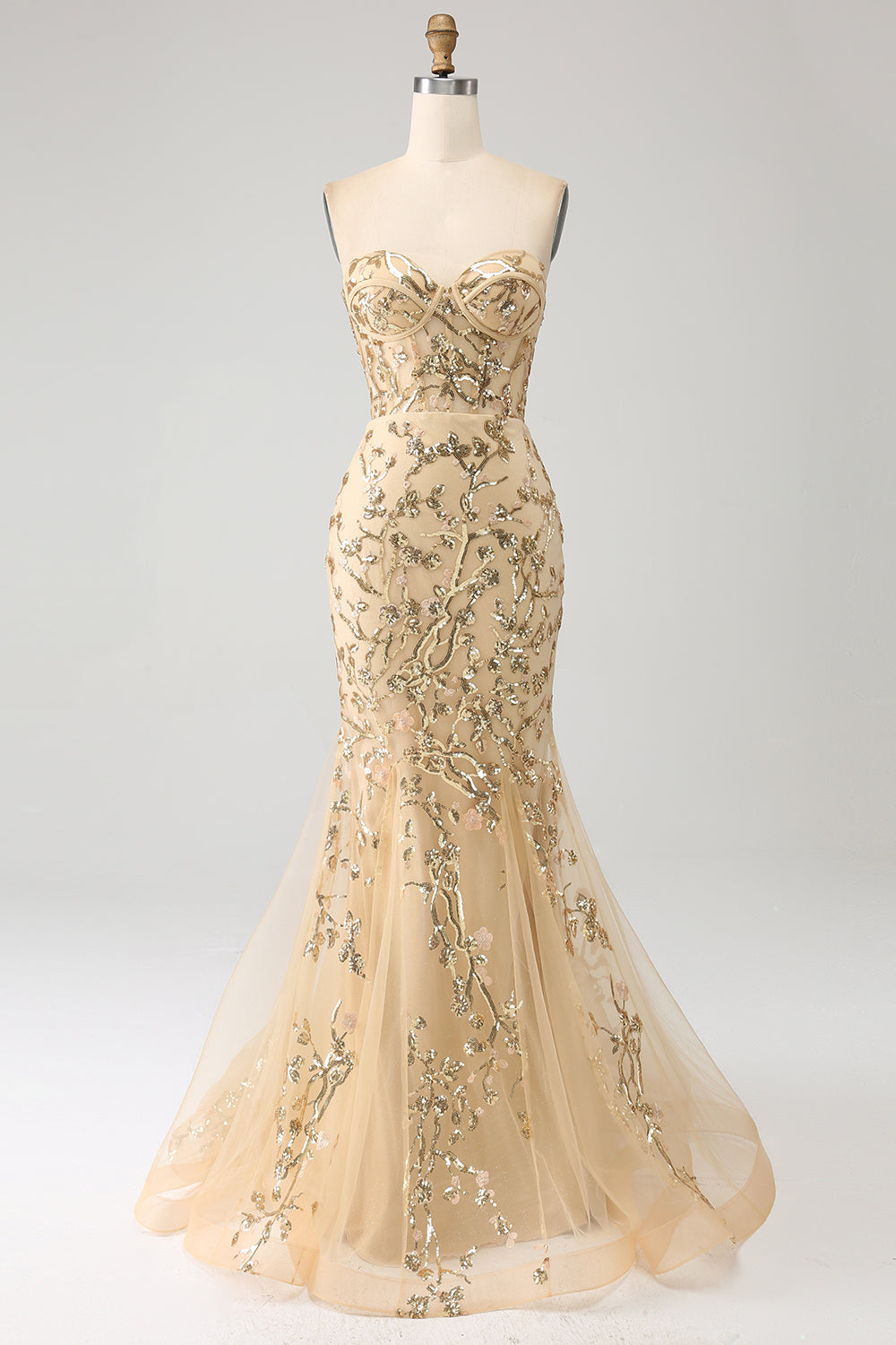Vestido de fiesta de corsé brillante con champán sirena