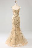Vestido de fiesta de corsé brillante con champán sirena