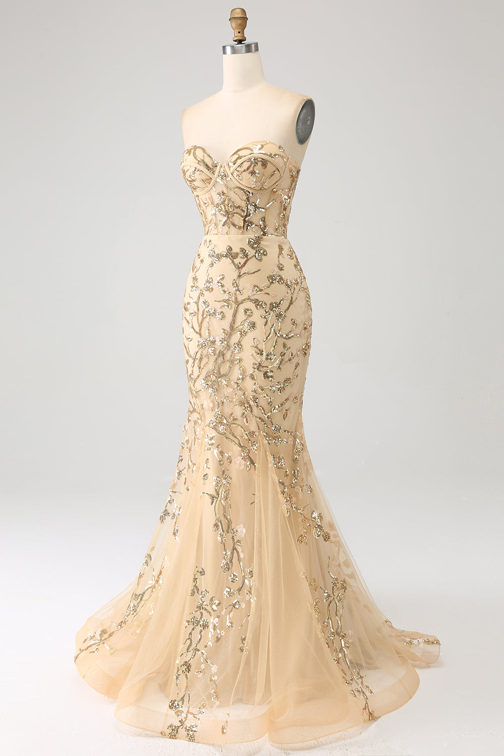 Vestido de fiesta de corsé brillante con champán sirena