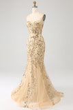 Vestido de fiesta de corsé brillante con champán sirena