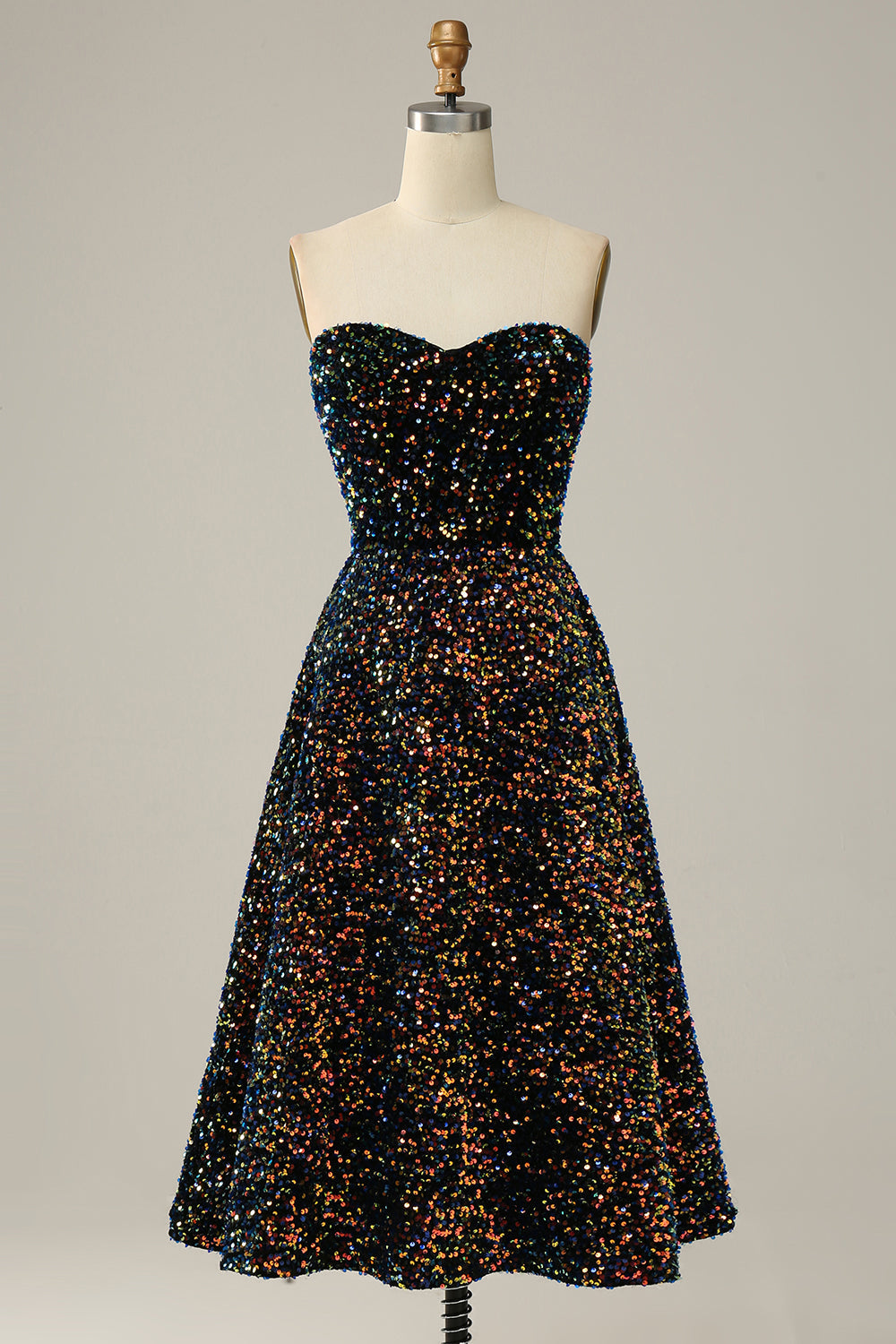 A Línea Escote Corazón Negro Midi Vestido de Fiesta