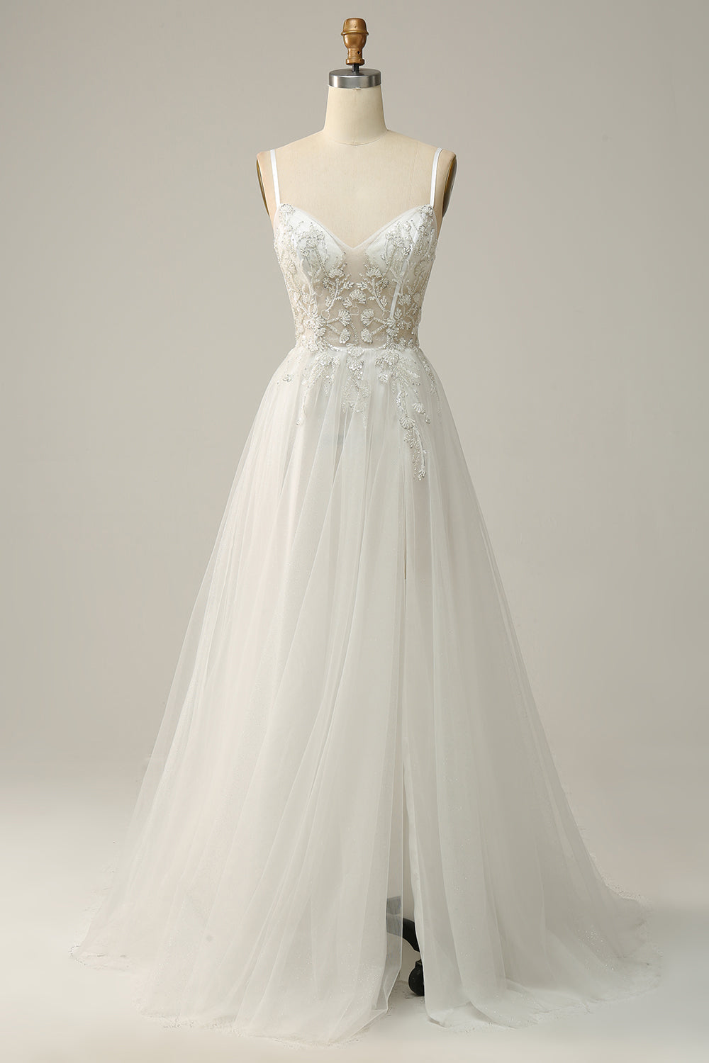 A Línea Correas de Espagueti Blanco Vestido de Novia Con Apliques