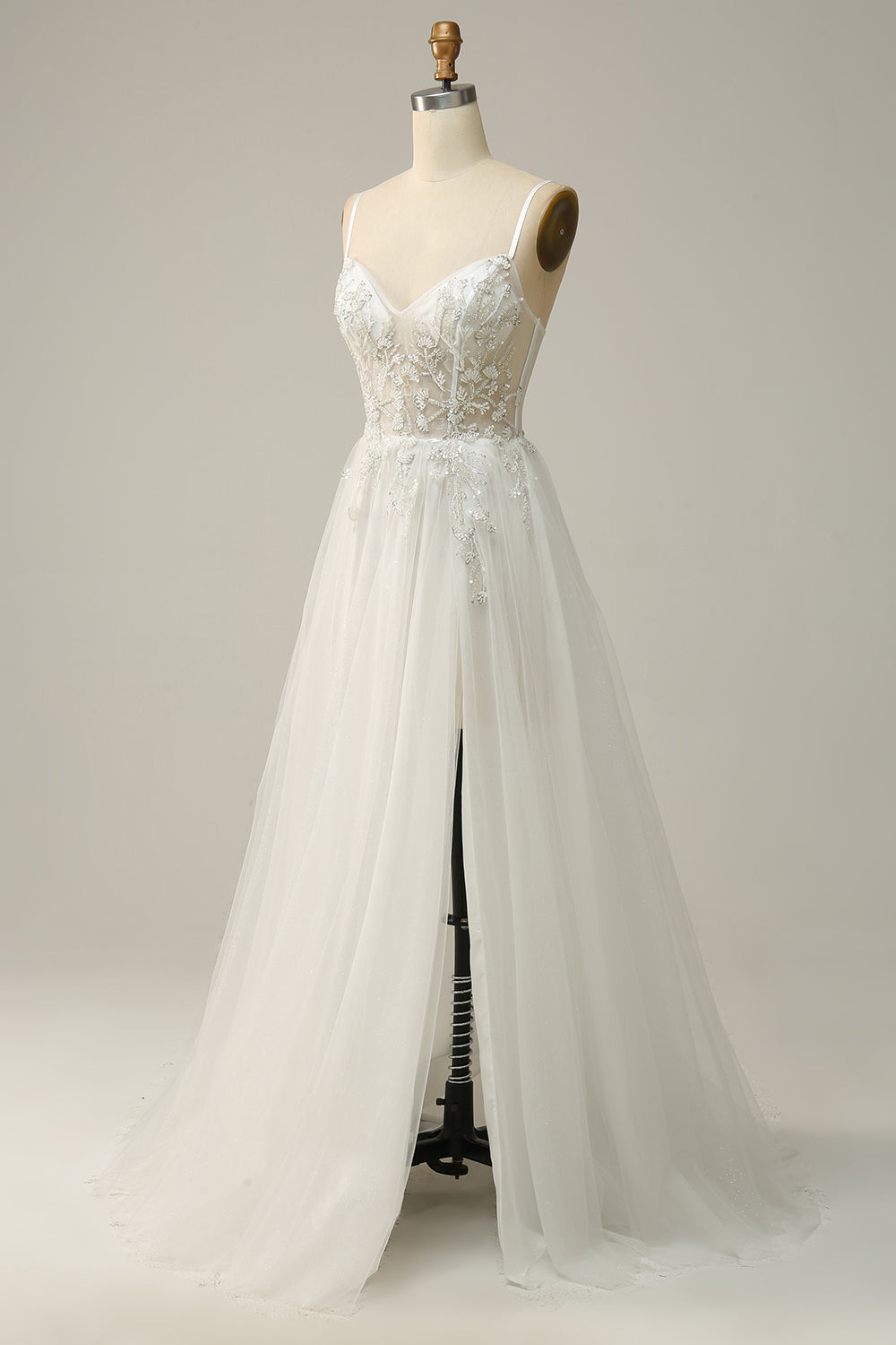 A Línea Correas de Espagueti Blanco Vestido de Novia Con Apliques