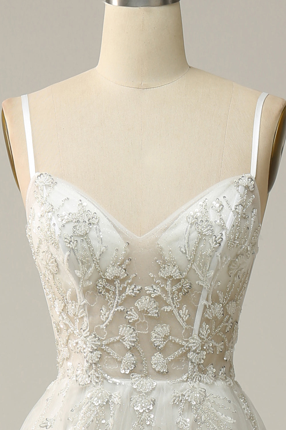 A Línea Correas de Espagueti Blanco Vestido de Novia Con Apliques