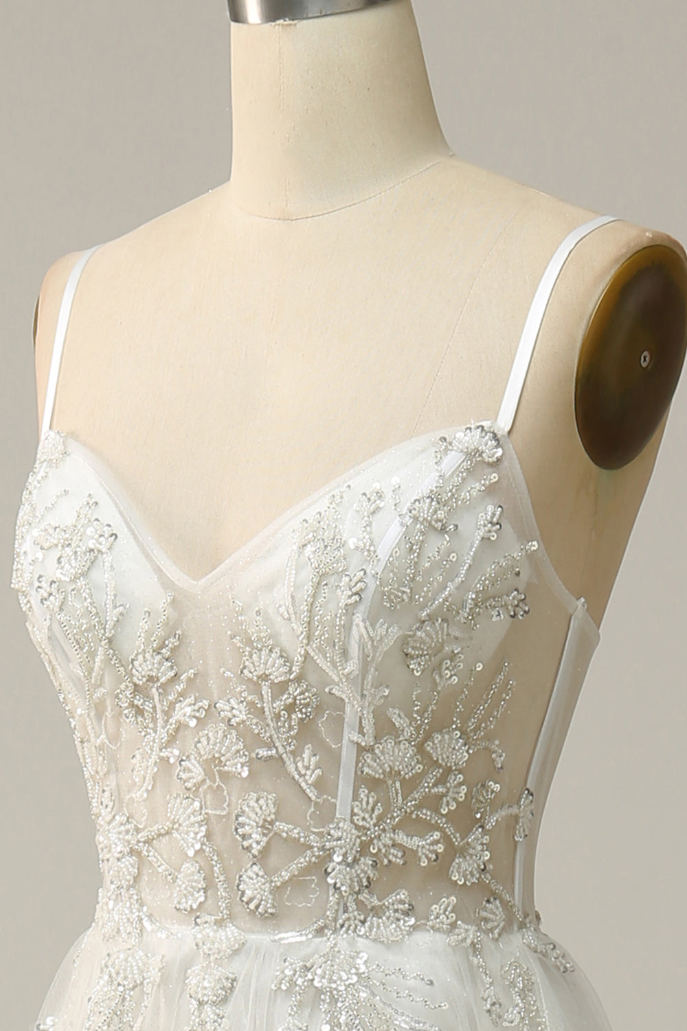 A Línea Correas de Espagueti Blanco Vestido de Novia Con Apliques