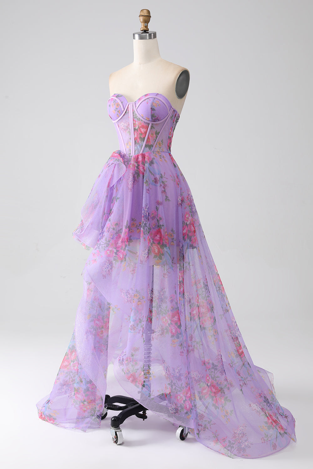 Vestido de fiesta con corsé sin tirantes estampado morado