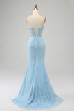 Vestido de fiesta de sirena con tirantes de espagueti azul cielo con purpurina y abertura