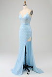 Vestido de fiesta de sirena con tirantes de espagueti azul cielo con purpurina y abertura