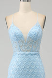 Vestido de fiesta de sirena con tirantes de espagueti azul cielo con purpurina y abertura