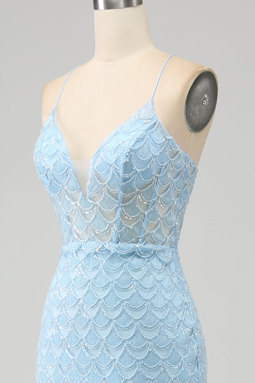 Vestido de fiesta de sirena con tirantes de espagueti azul cielo con purpurina y abertura